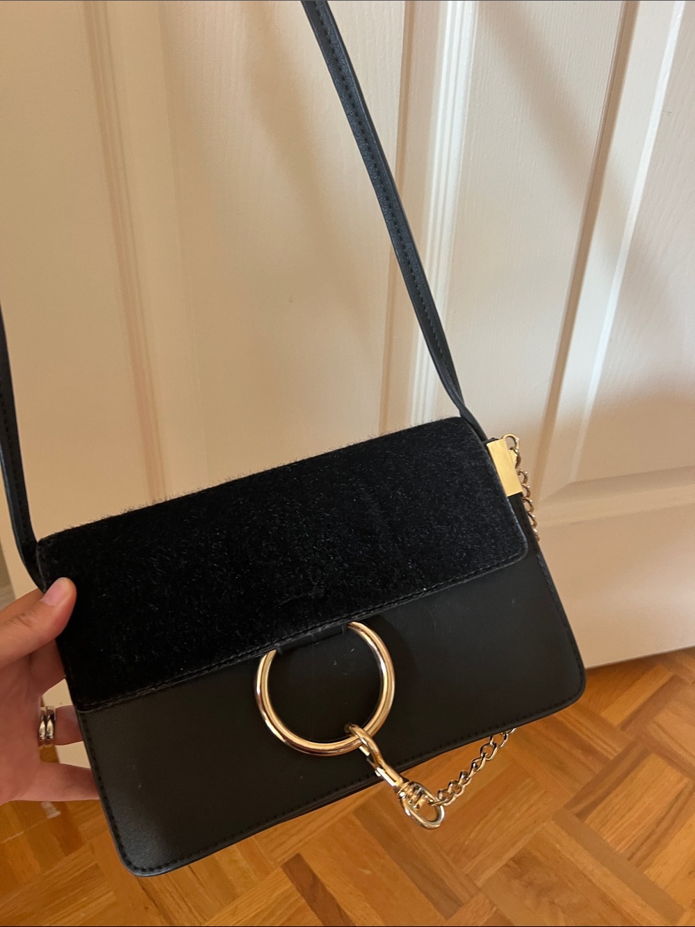 Black “Chloe Faye “ dupe Crossbody Bag with Gold Ring Accent